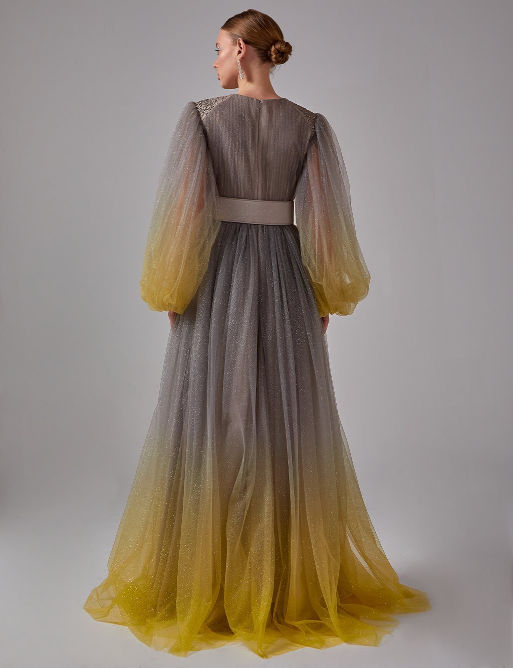 Belted Balloon Sleeve Evening Dress Grey-Yellow