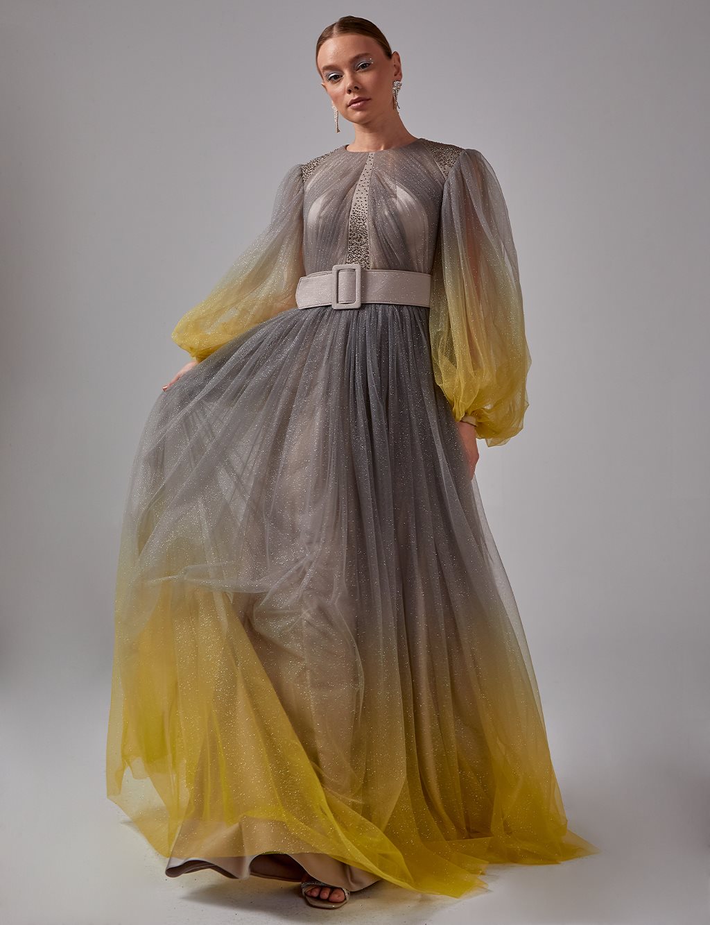 Belted Balloon Sleeve Evening Dress Grey-Yellow