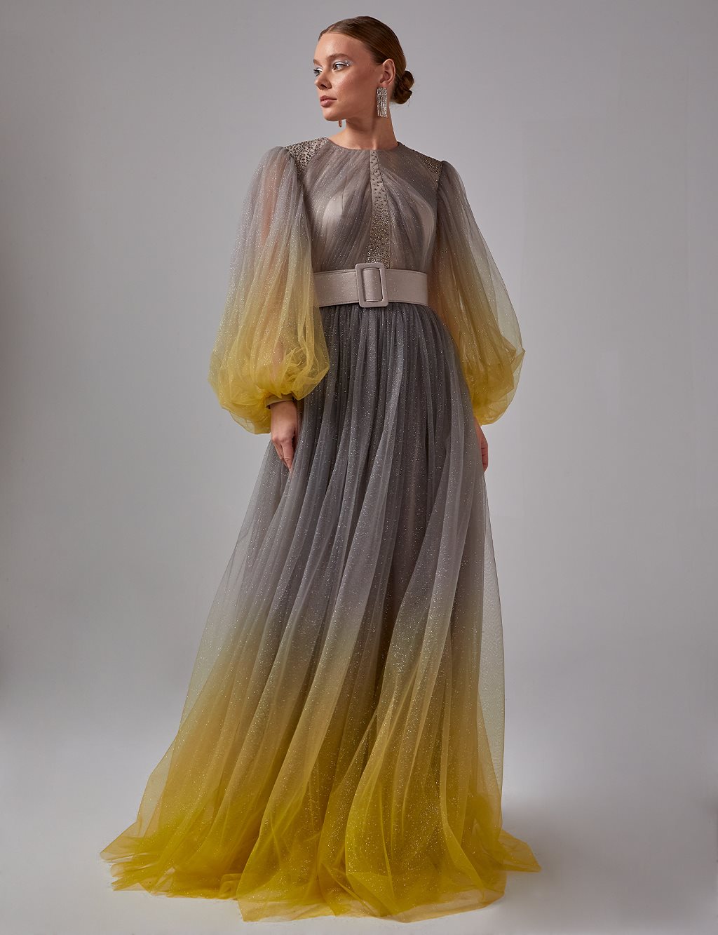 Belted Balloon Sleeve Evening Dress Grey-Yellow