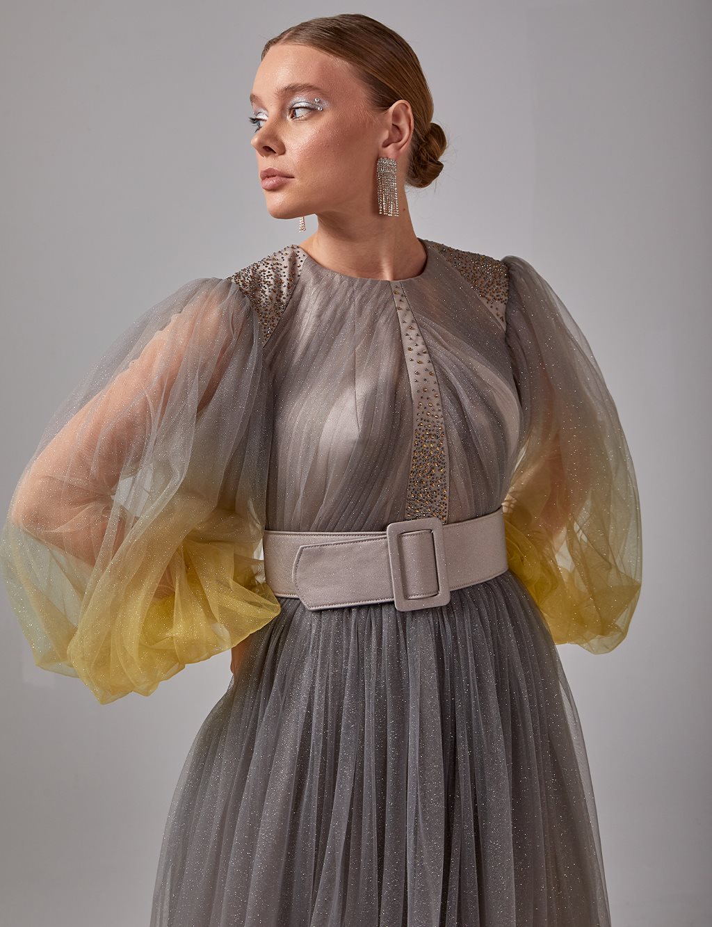 Belted Balloon Sleeve Evening Dress Grey-Yellow