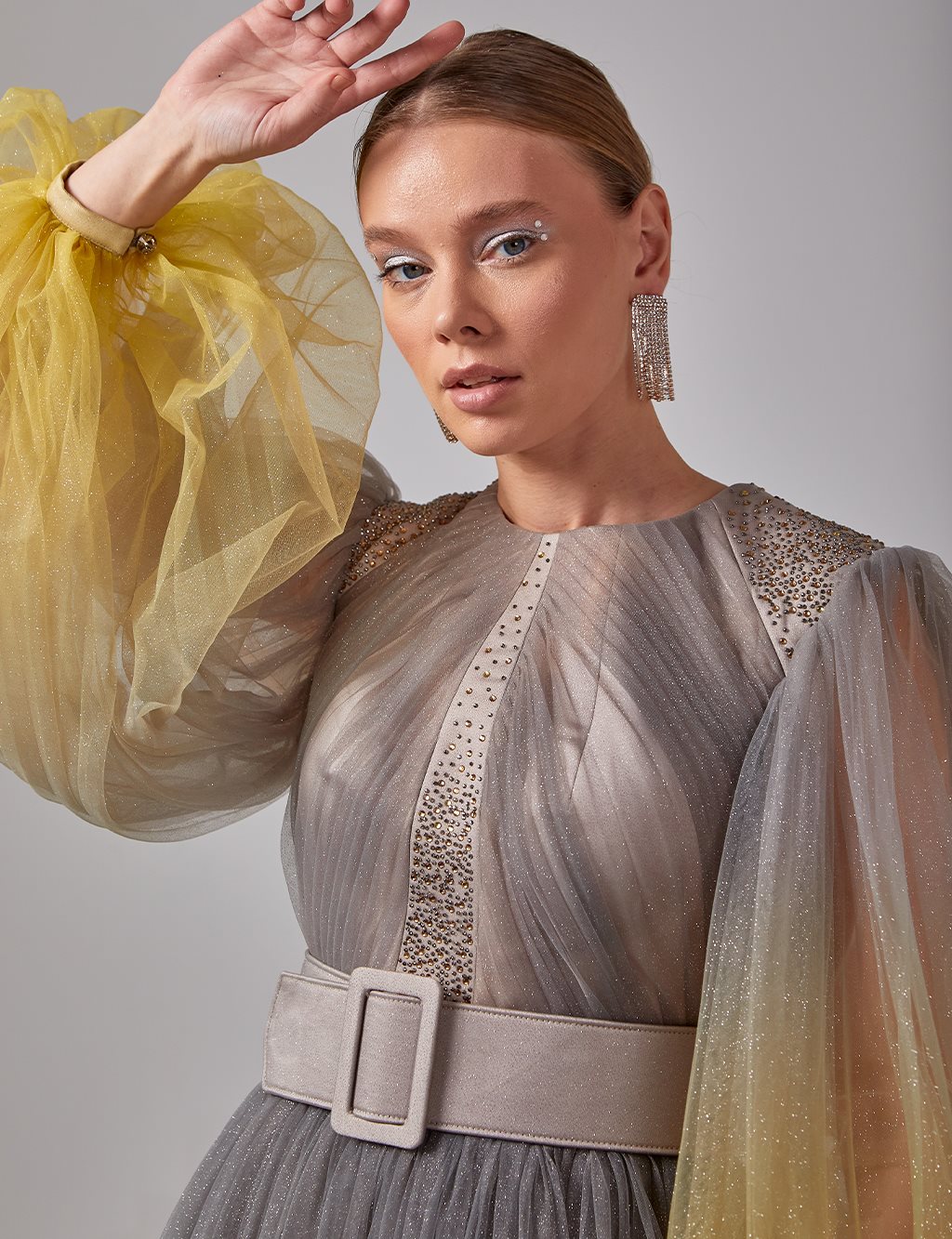 Belted Balloon Sleeve Evening Dress Grey-Yellow