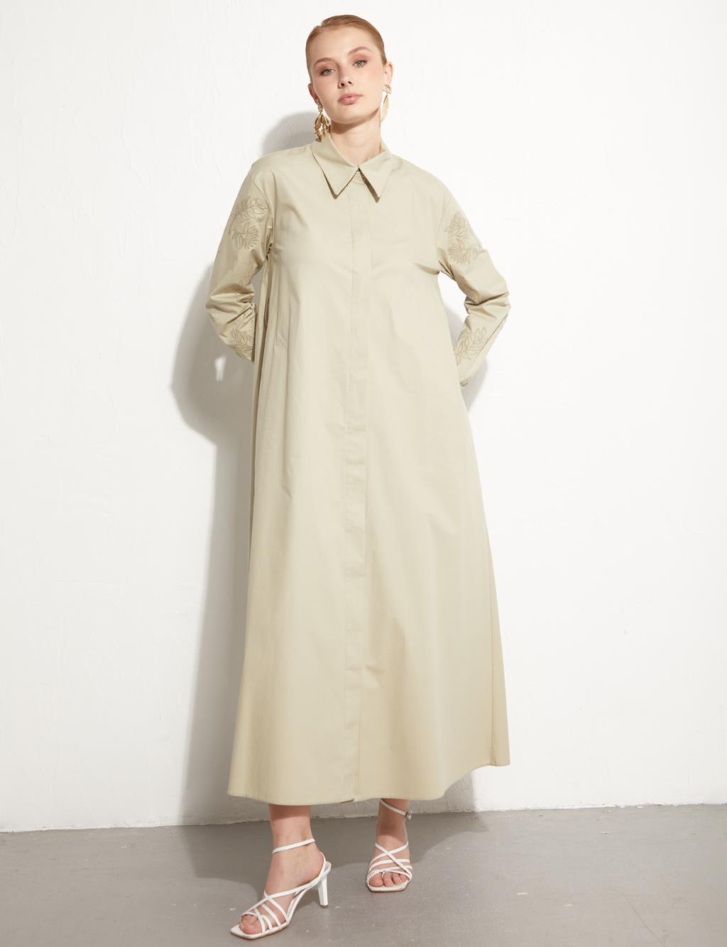 Kolları Nakışlı Maksi Elbise Küf Yeşili