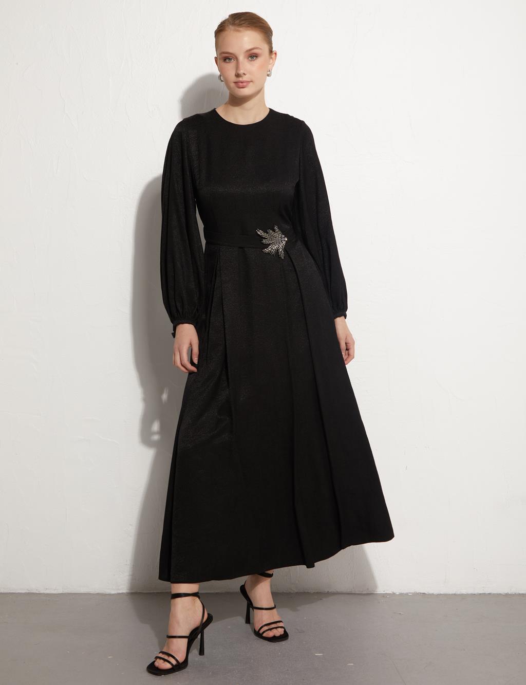 Pleated Balloon Sleeve Dress Black