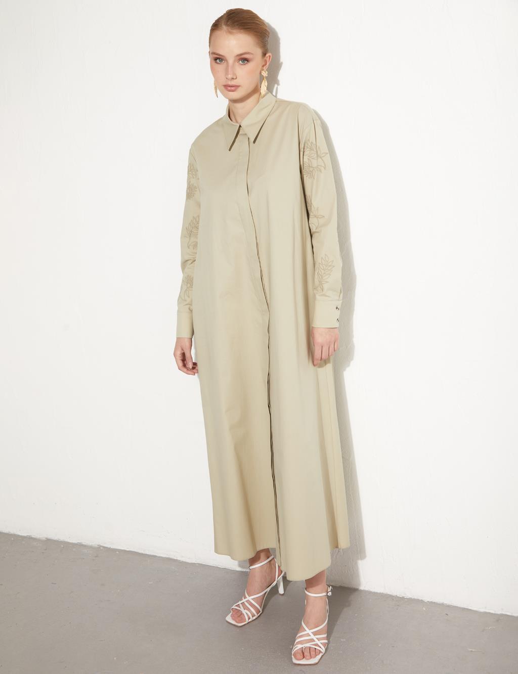 Kolları Nakışlı Maksi Elbise Küf Yeşili