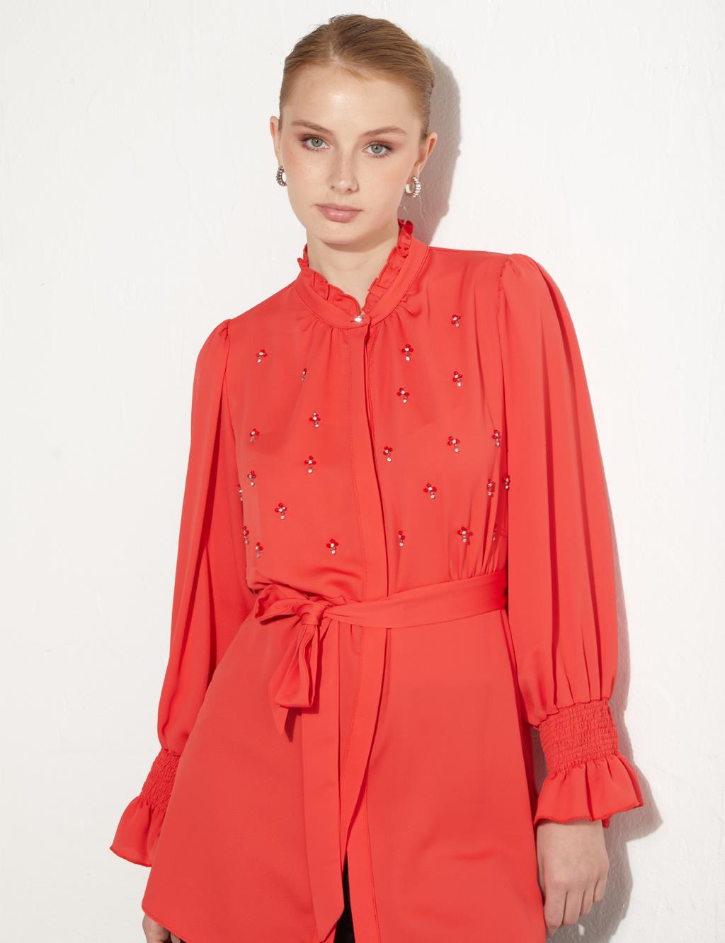 Stone Frill Collar Blouse Red