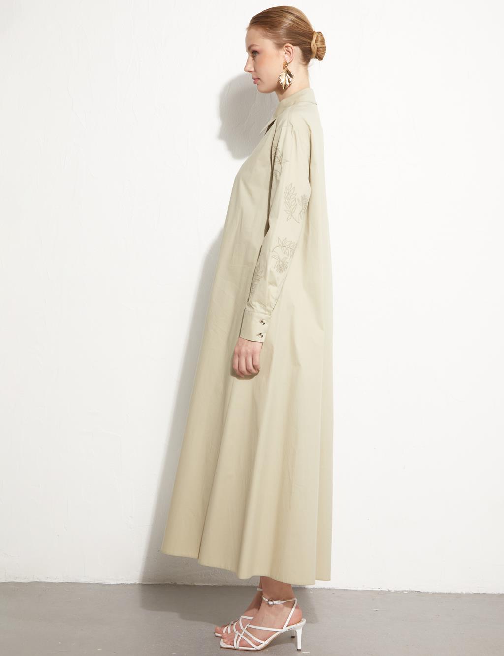 Kolları Nakışlı Maksi Elbise Küf Yeşili