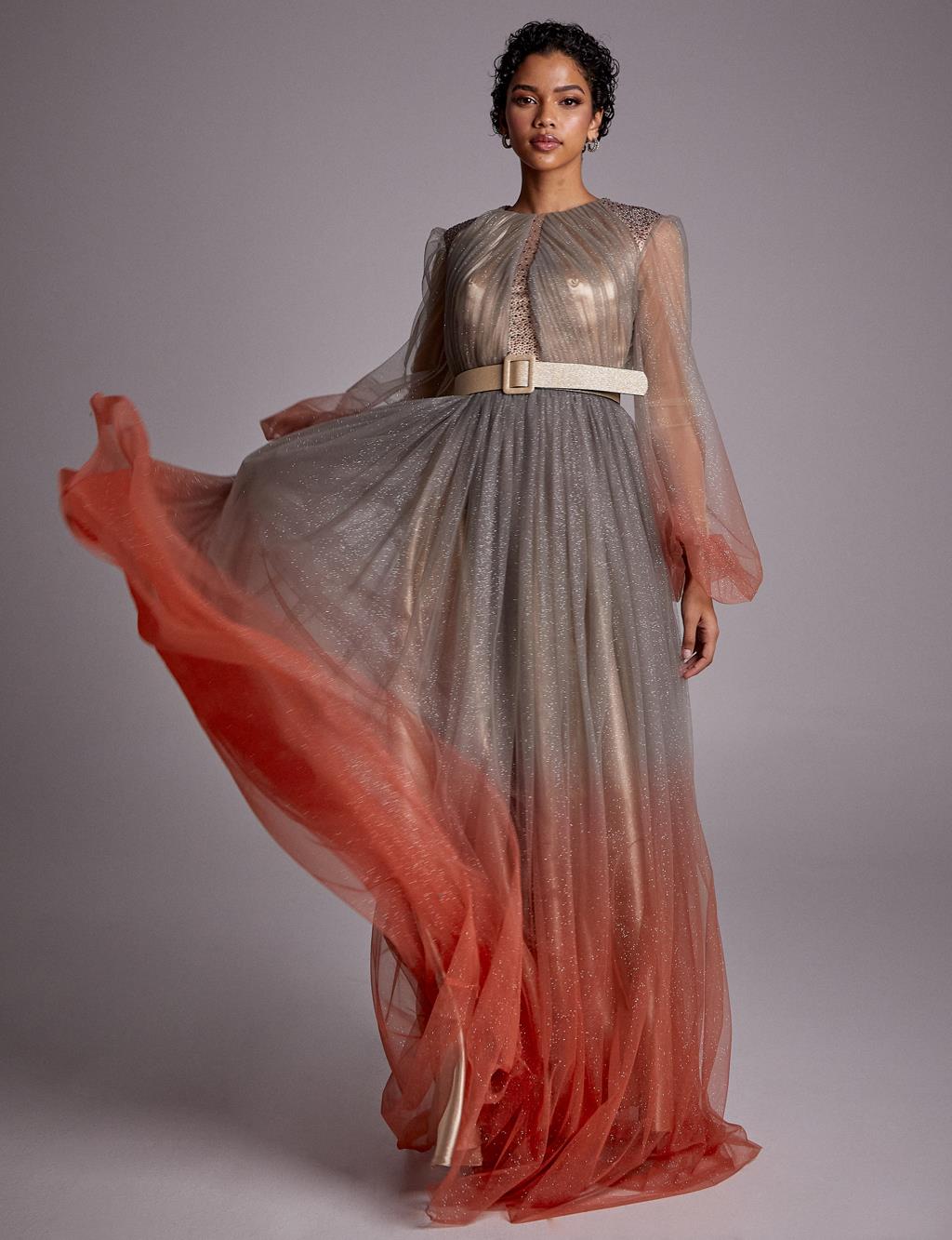 Belted Balloon Sleeve Evening Dress Grey-Orange