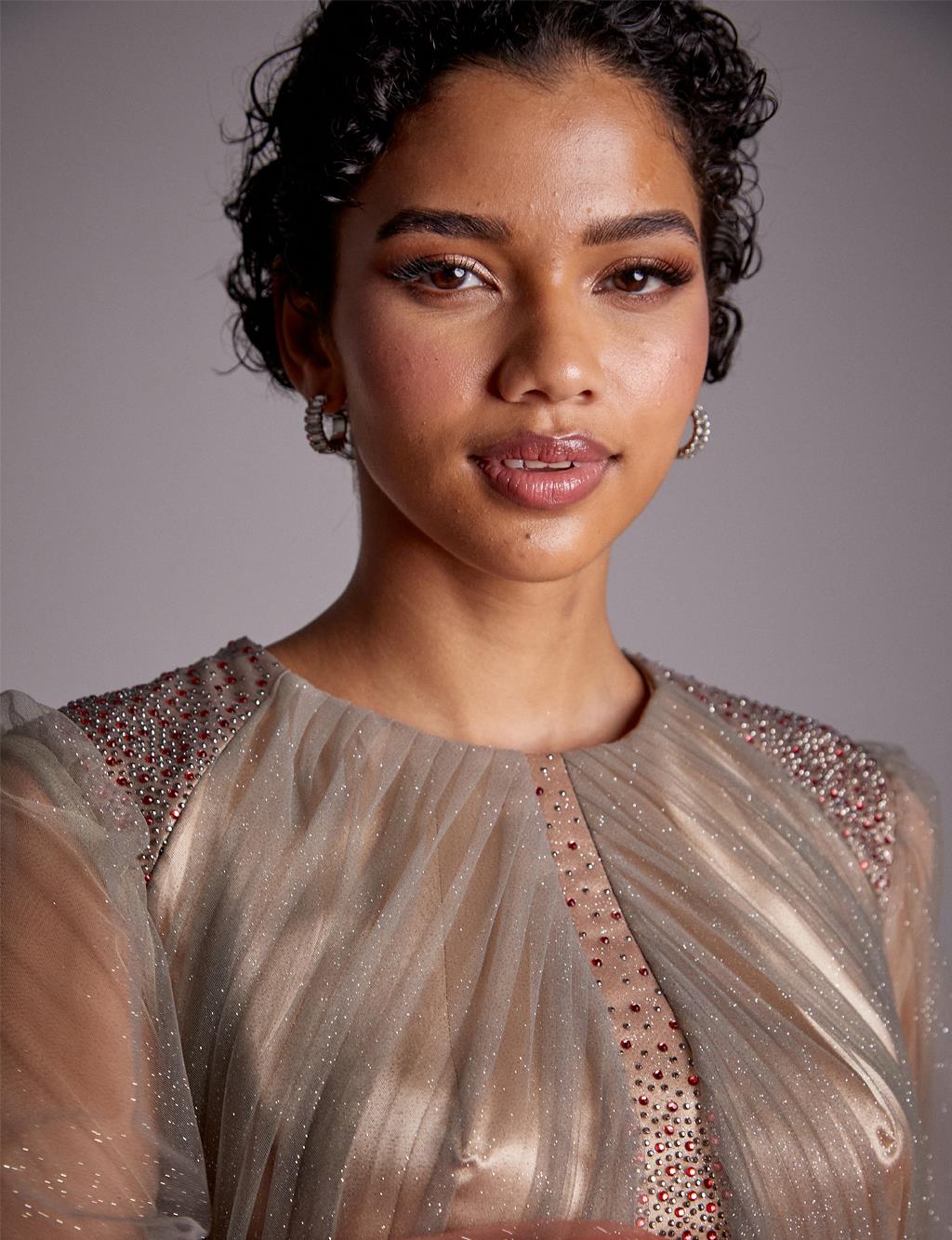 Kemerli Balon Kol Abiye Gri-Turuncu