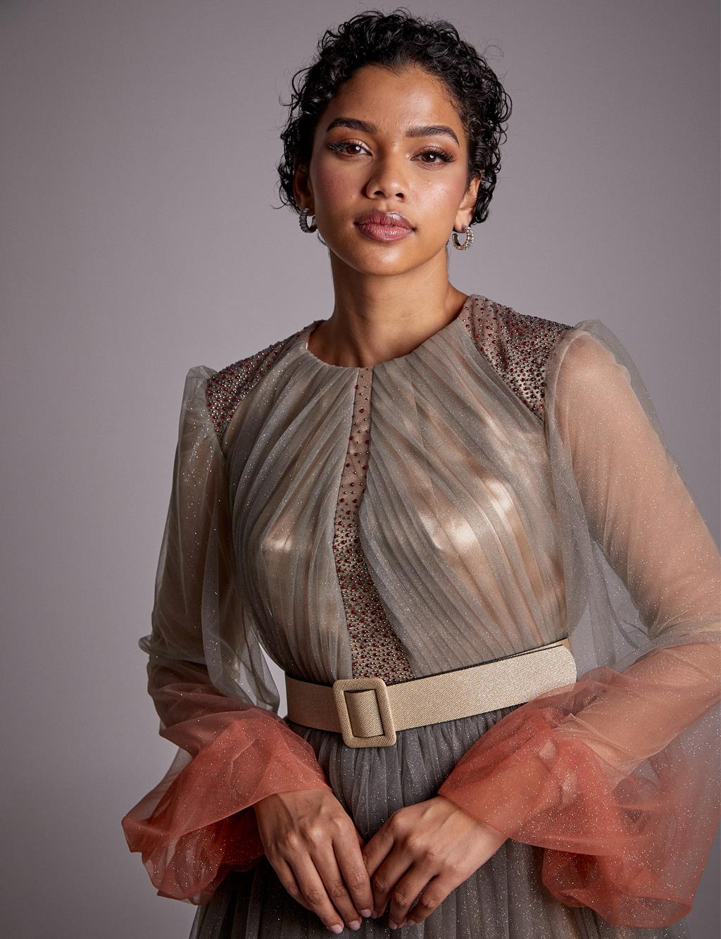 Kemerli Balon Kol Abiye Gri-Turuncu