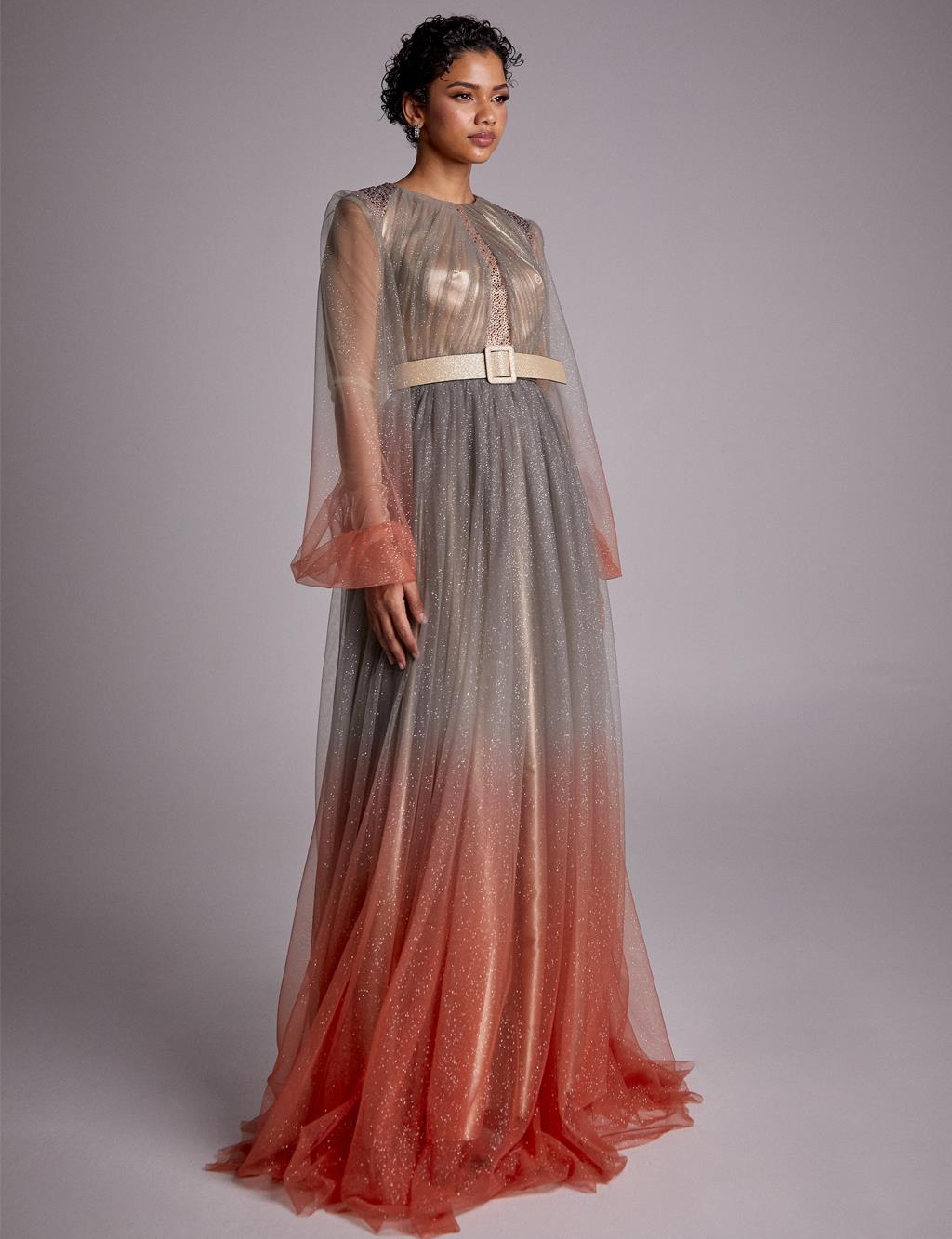 Kemerli Balon Kol Abiye Gri-Turuncu