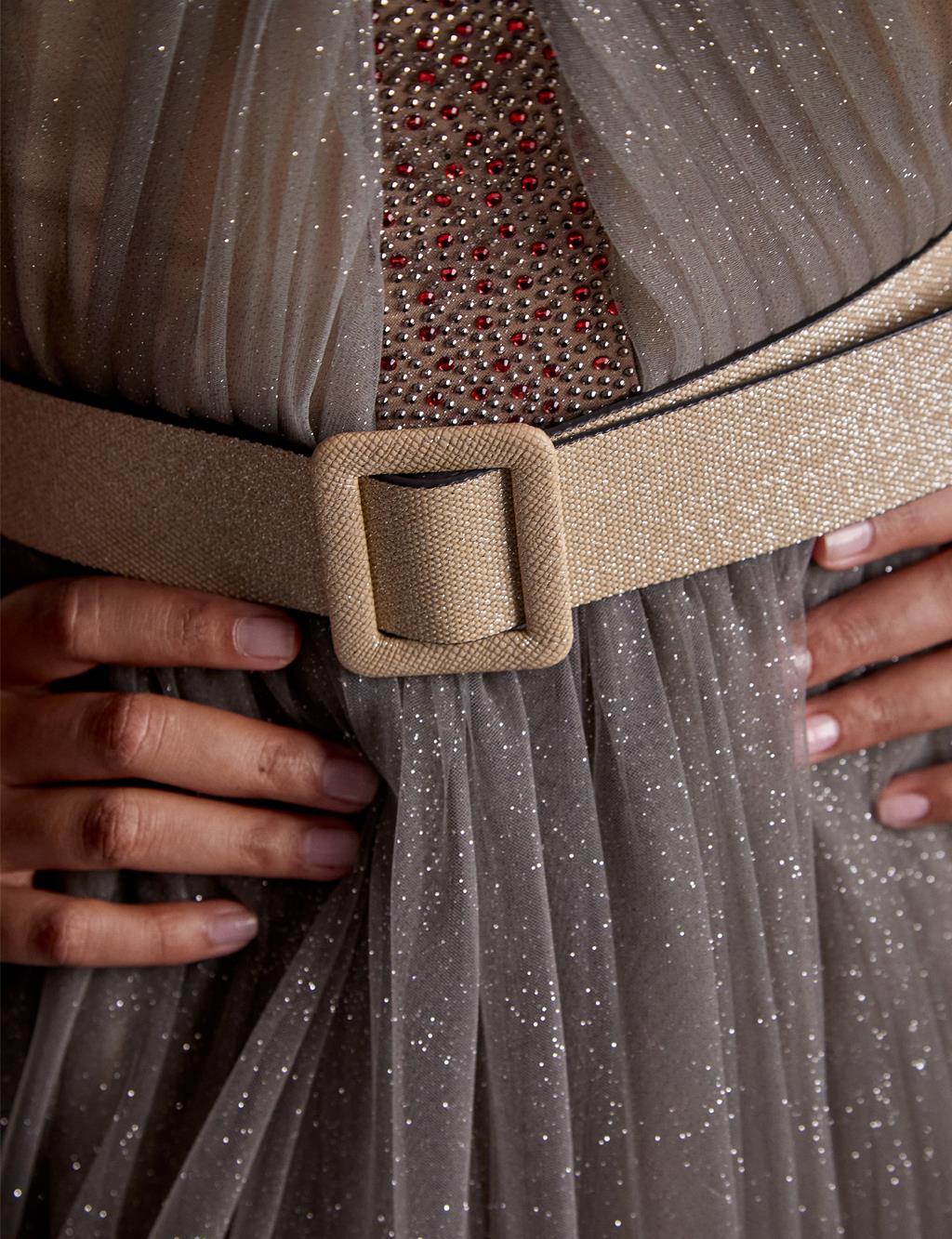 Kemerli Balon Kol Abiye Gri-Turuncu