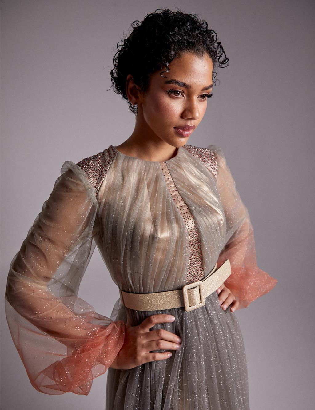 Kemerli Balon Kol Abiye Gri-Turuncu