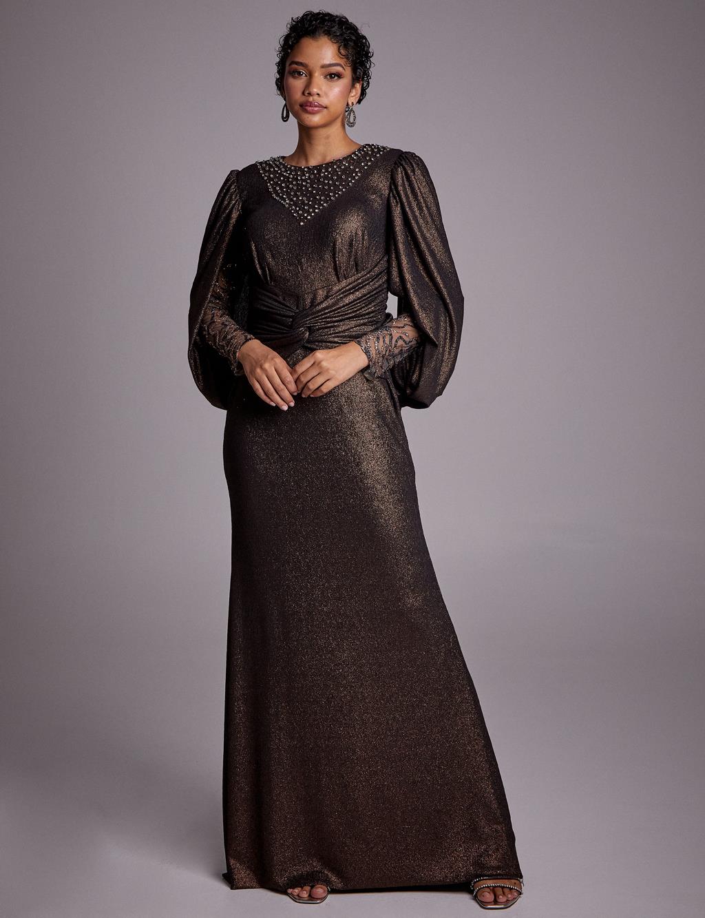 Stone Embroidered Draped Evening Dress Copper