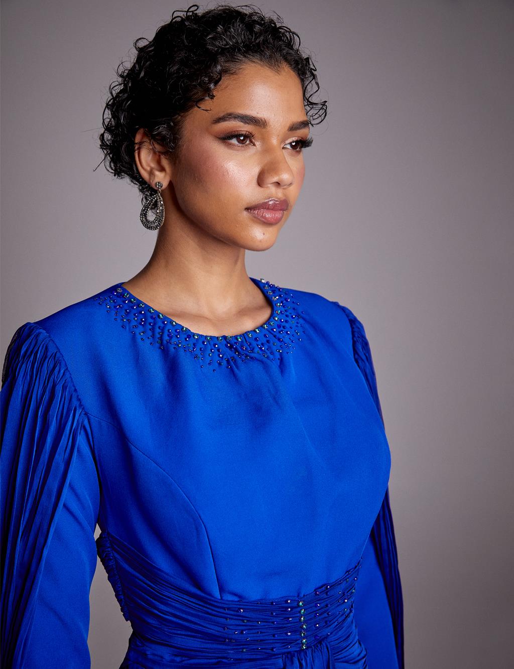 Tulle Detailed Draped Evening Dress Sax