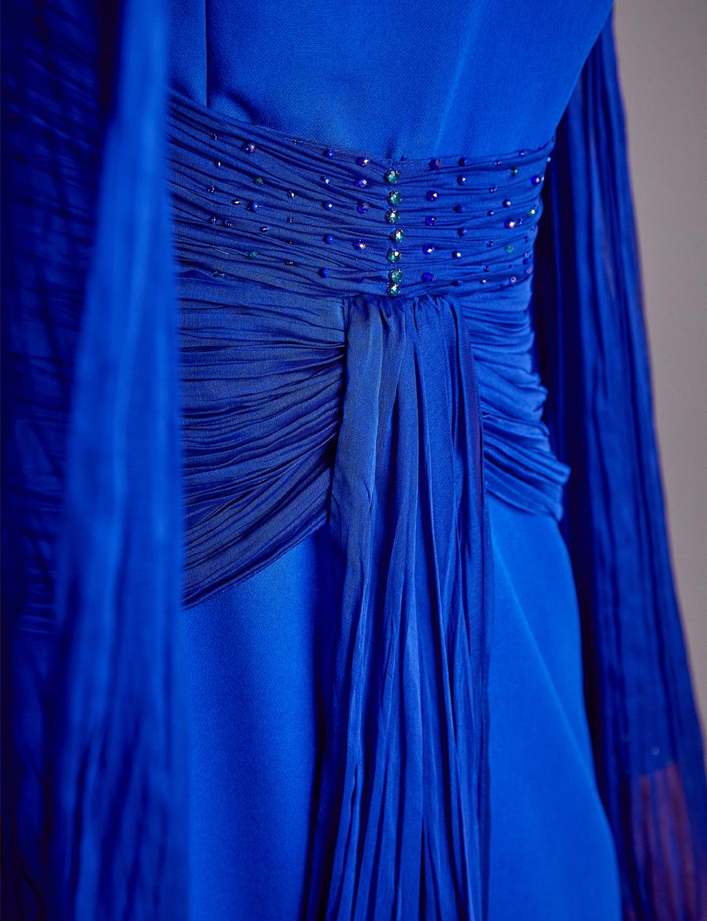 Tulle Detailed Draped Evening Dress Sax