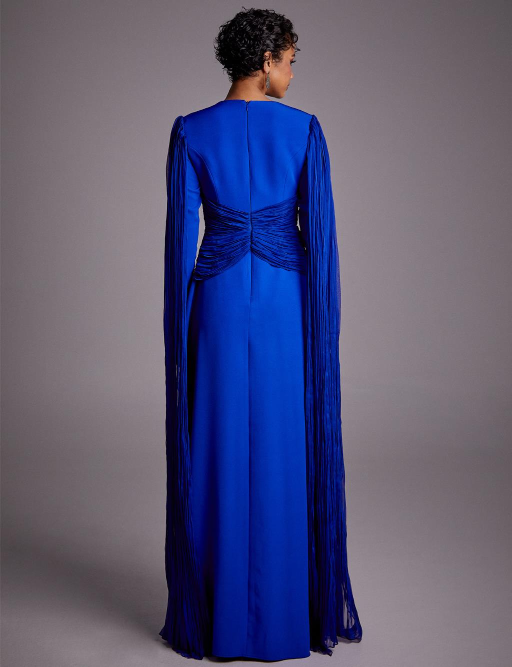 Tulle Detailed Draped Evening Dress Sax