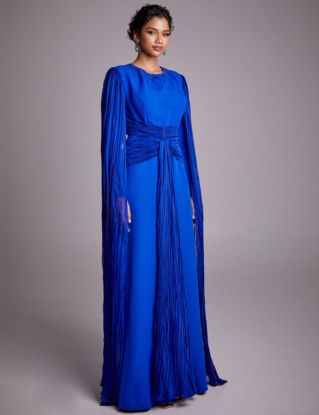 Tulle Detailed Draped Evening Dress Sax