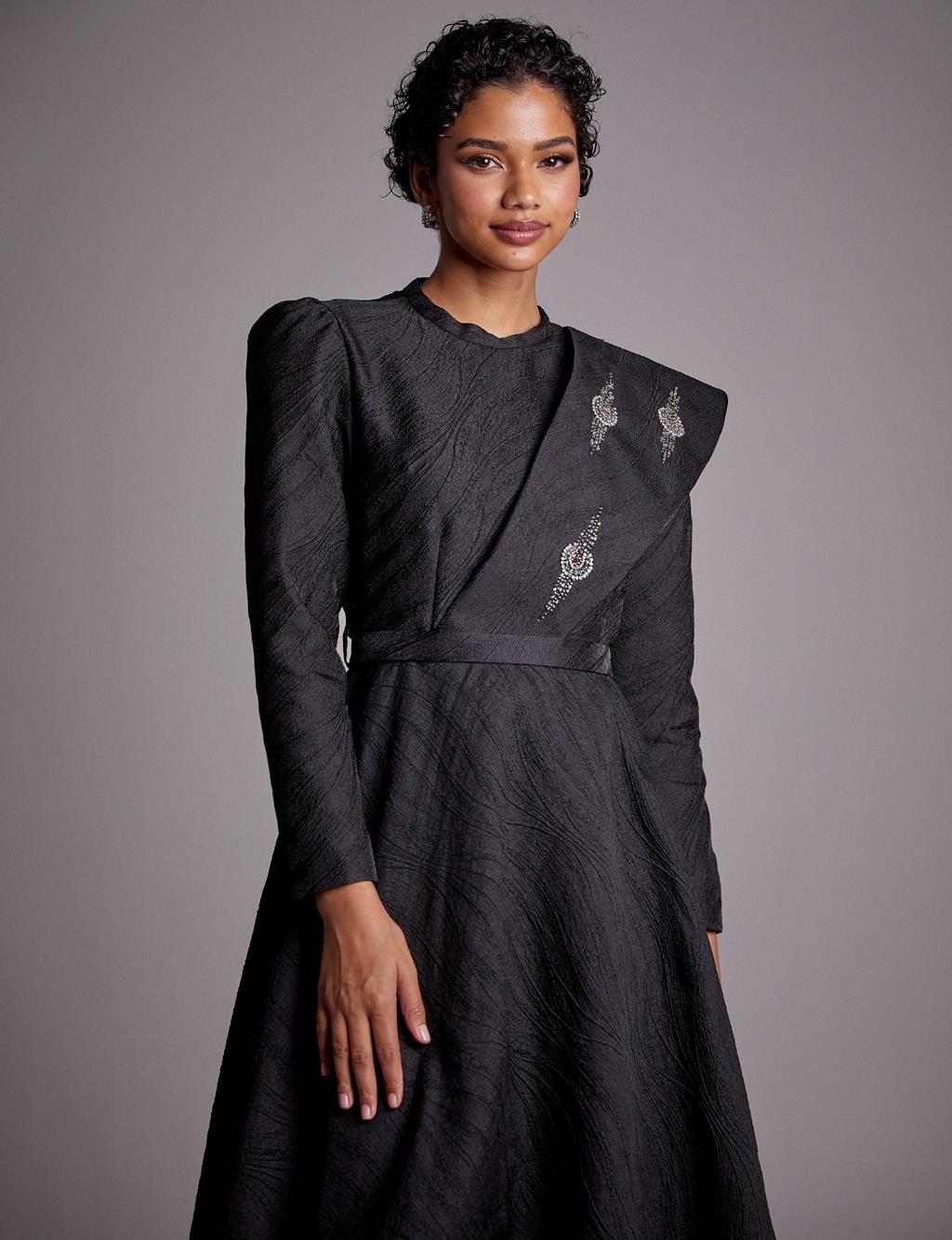 Stone Embroidered A-line Cut Dress Black