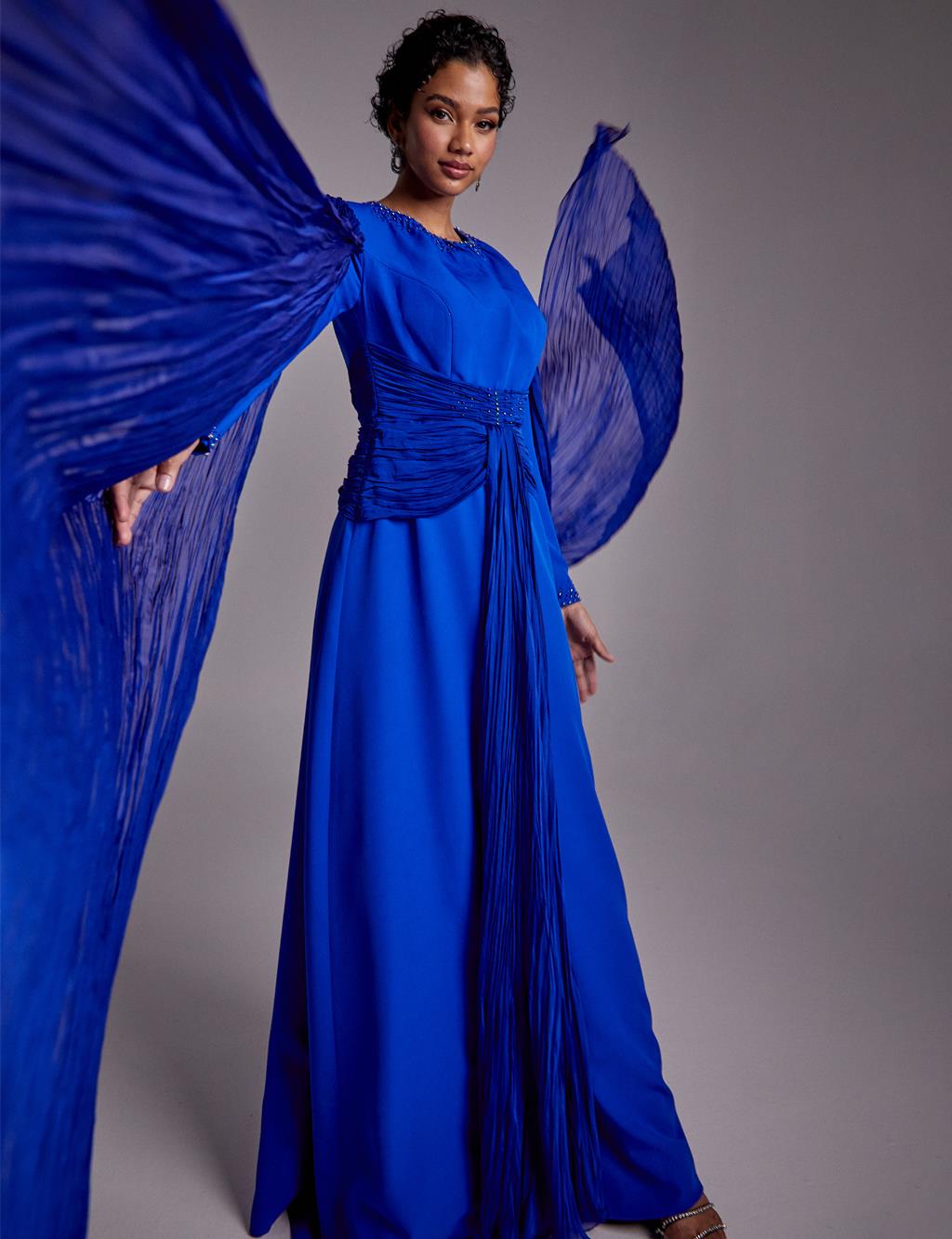 Tulle Detailed Draped Evening Dress Sax