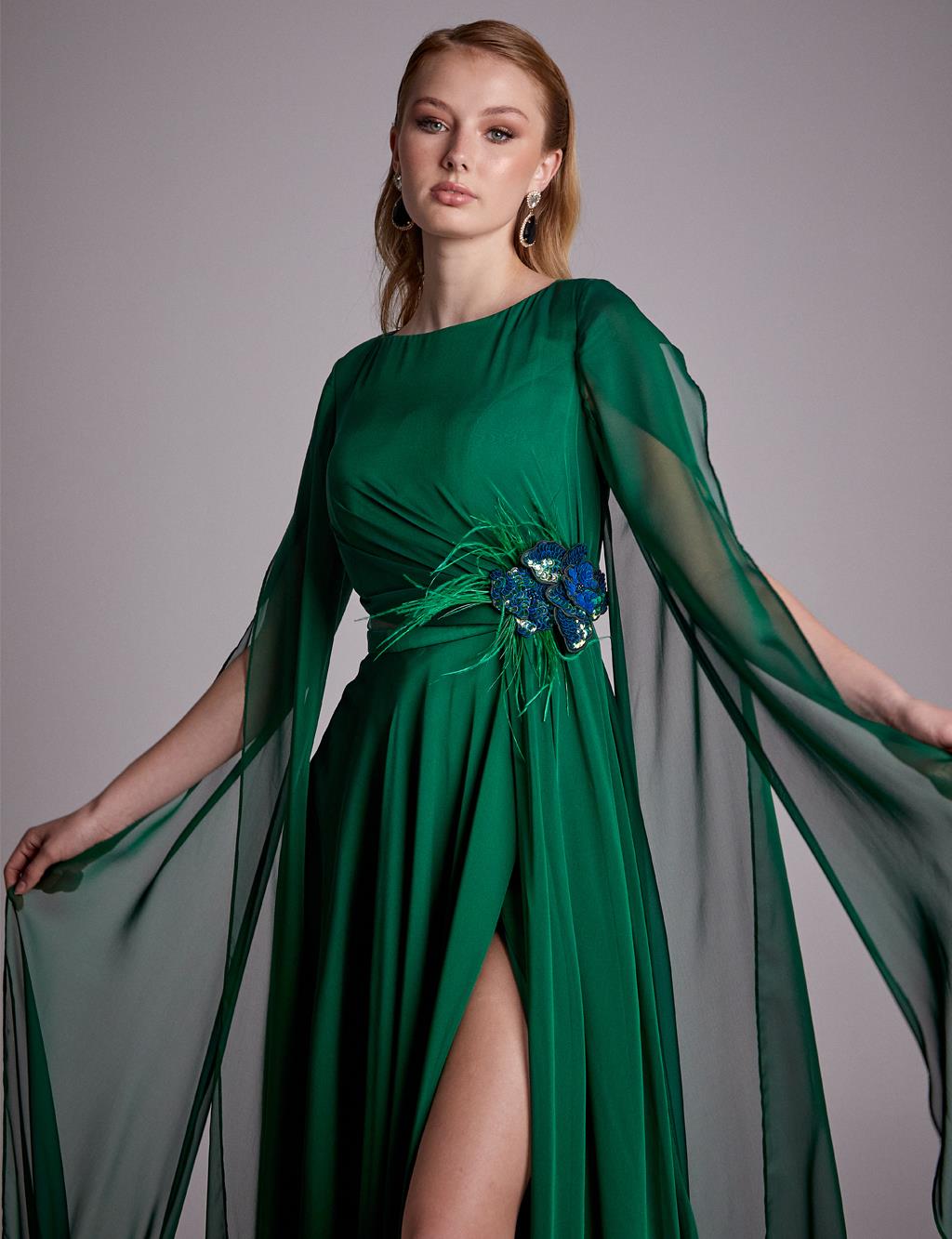 Slit Chiffon Evening Dress Emerald