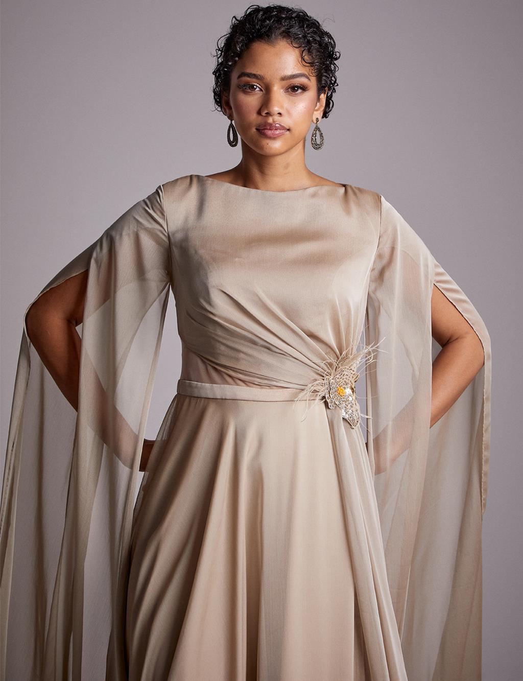 Slit Chiffon Evening Dress Mink