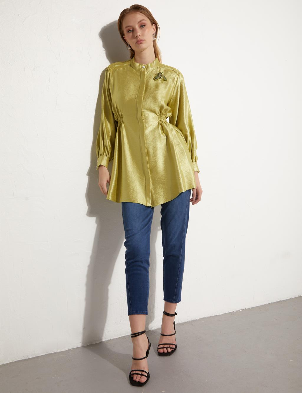 Elastic Waist Grandad Collar Pistachio Green