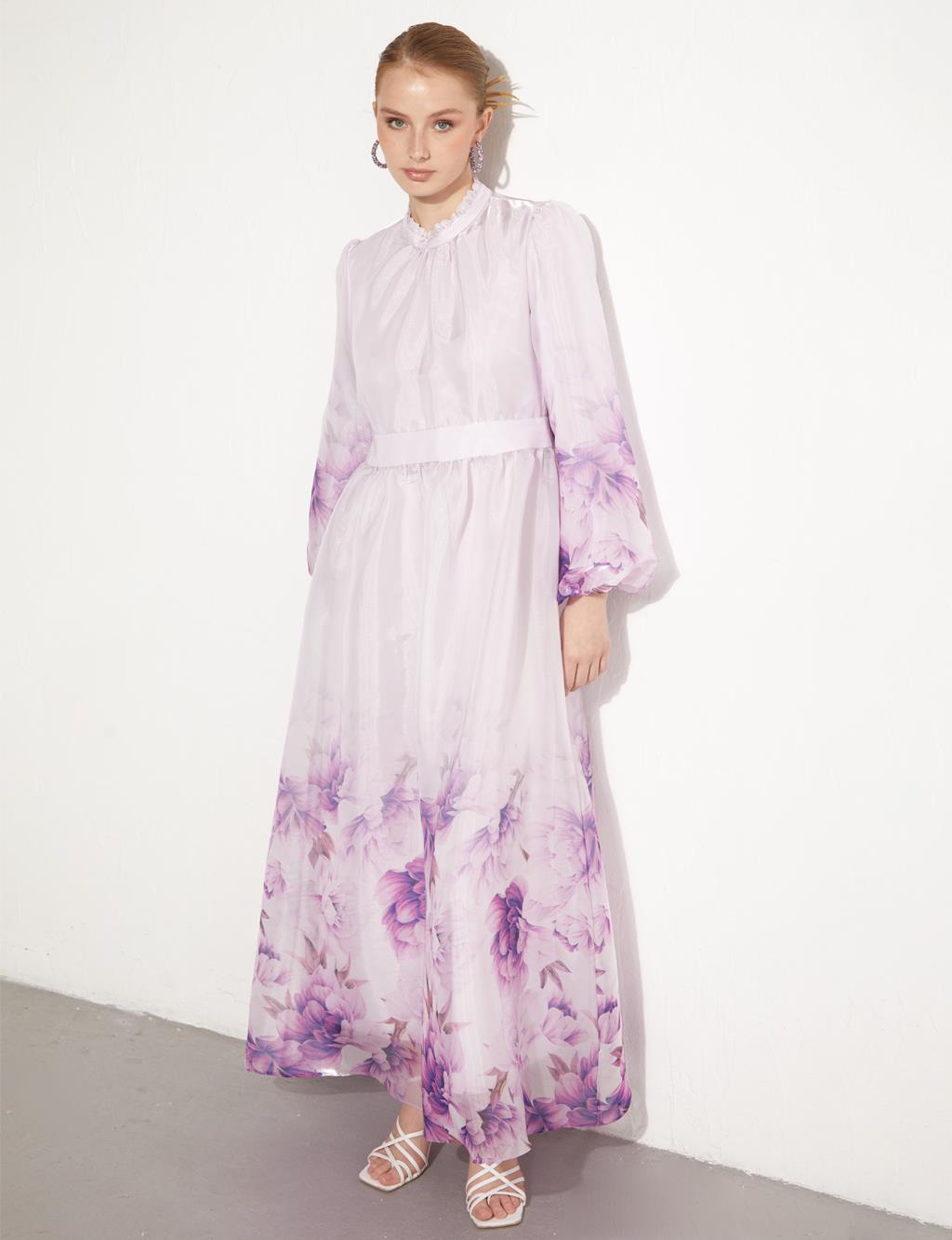 Floral Pattern Chiffon Covered Dress Light Lilac