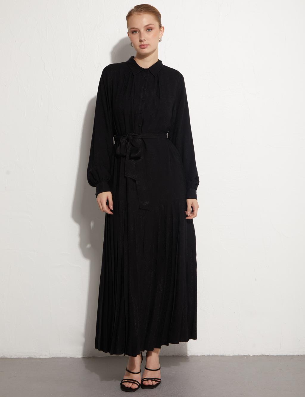 Pleated Skirt Jacquard Dress Black