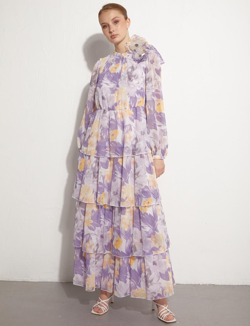 Floral Pattern Layered Dress Light Lilac