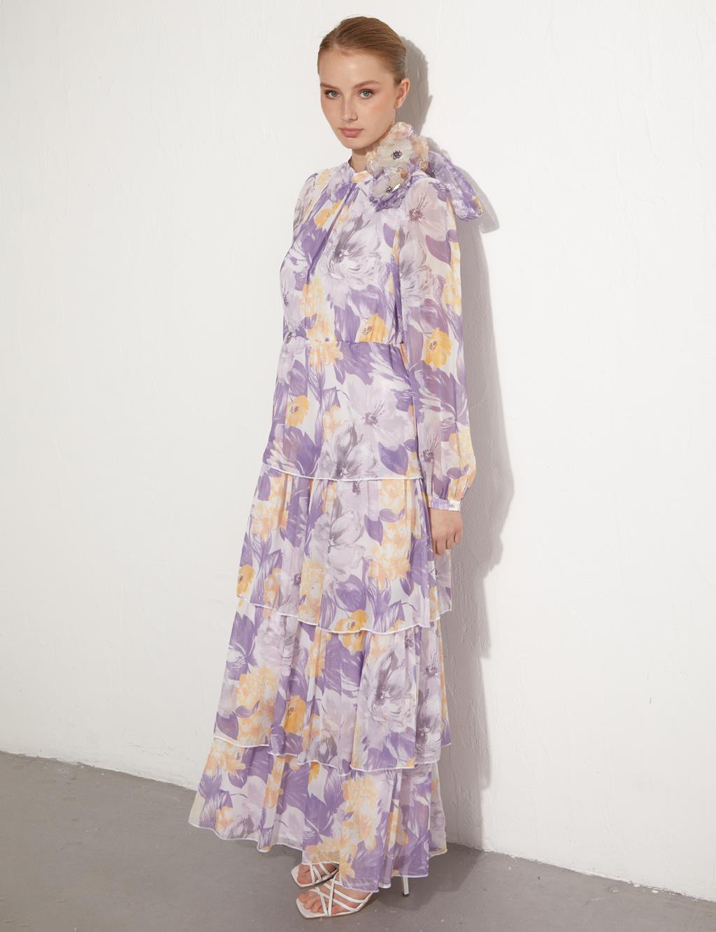 Floral Pattern Layered Dress Light Lilac