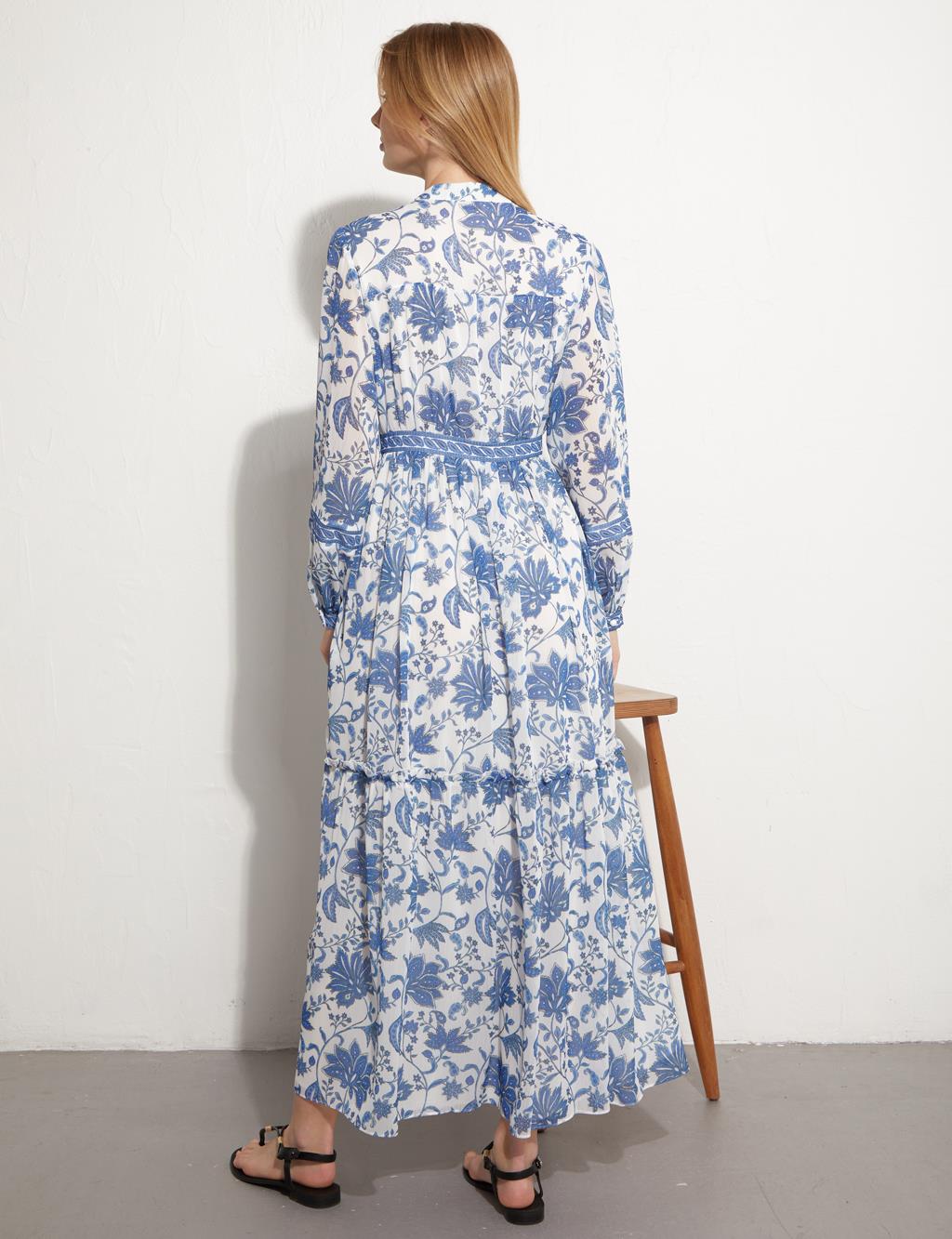 Floral Desenli Fırfırlı Elbise Kobalt Mavi