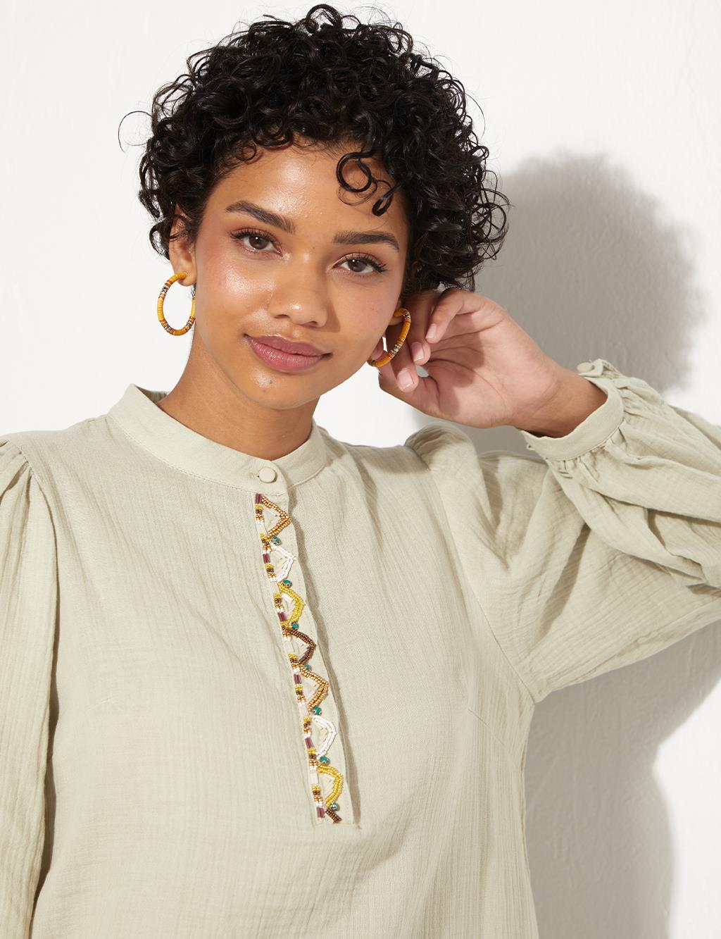 Embroidered Placket Blouse Mold Green