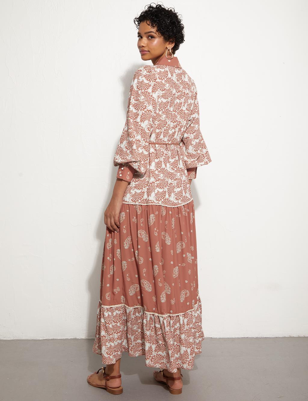 Ethnic Patterned Maxi Dress Brown-Cream