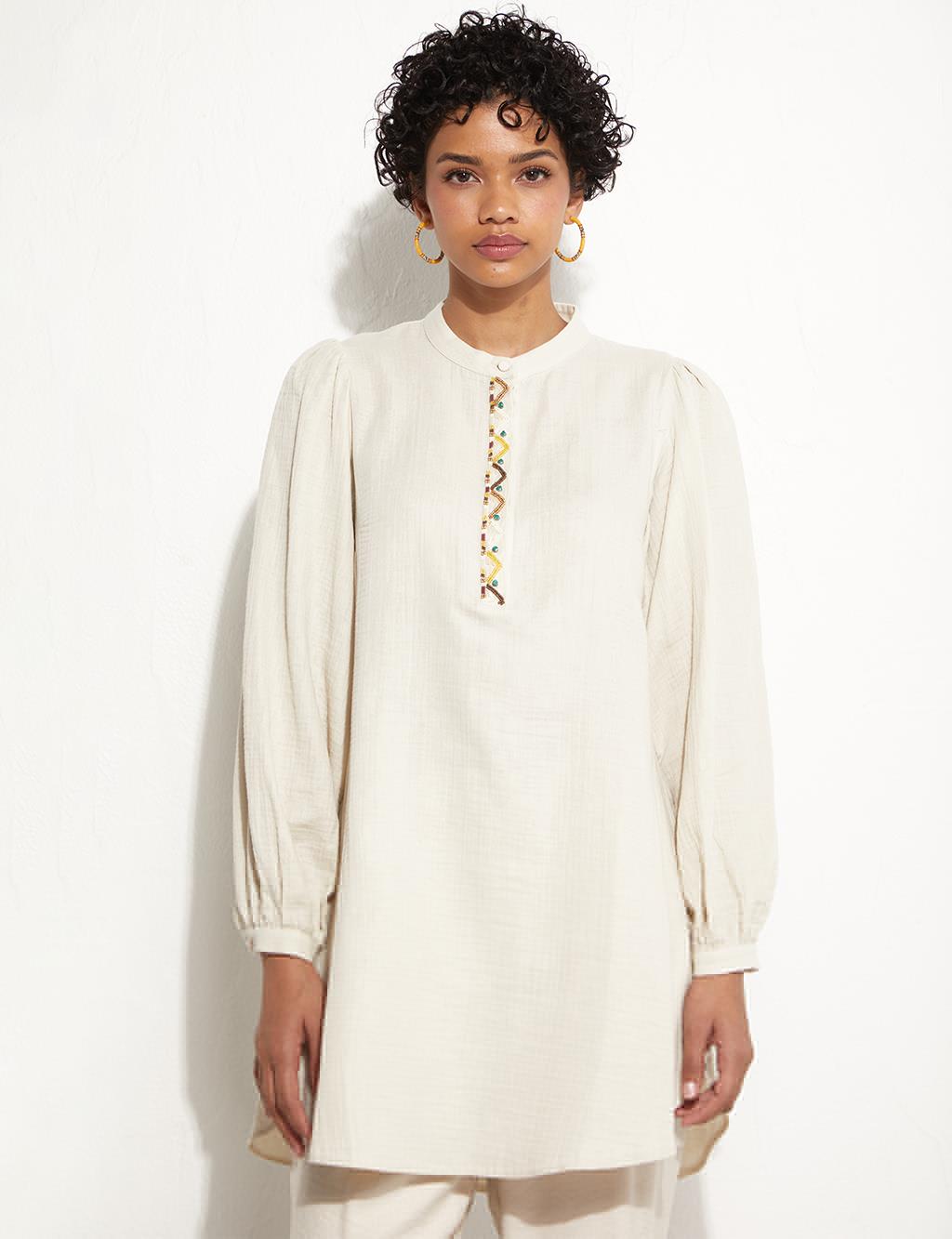 Embroidered Placket Blouse Cream