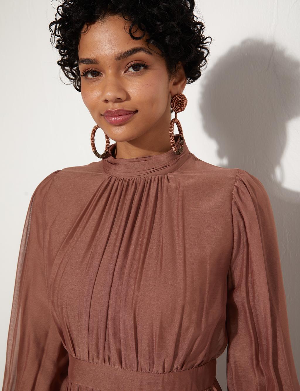 Drapeli Şifon Elbise Bronz