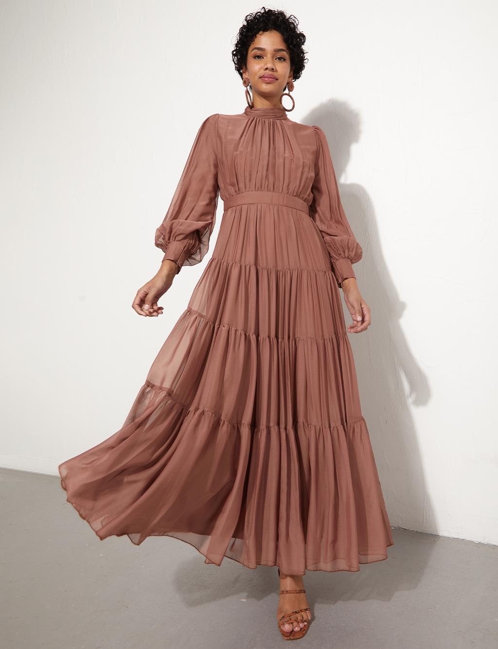 Drapeli Şifon Elbise Bronz