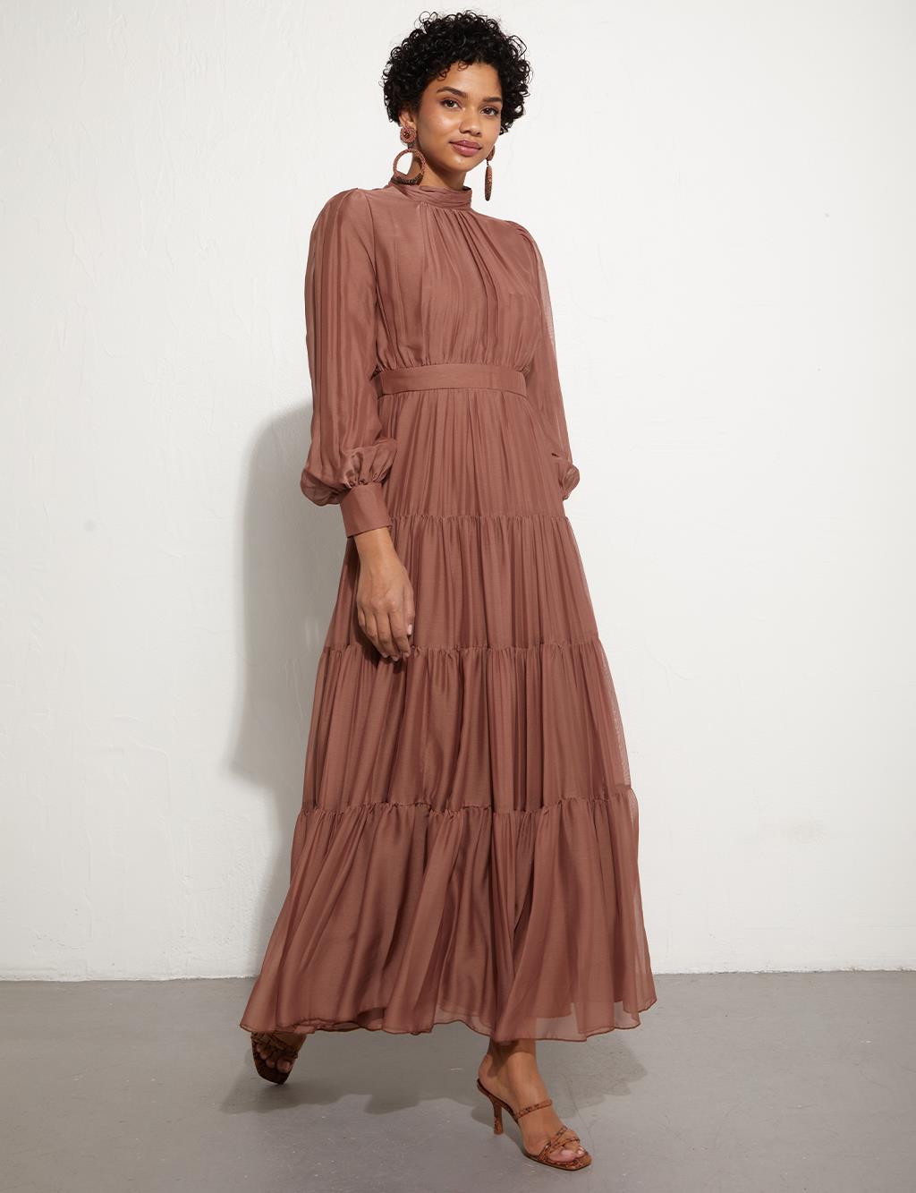 Drapeli Şifon Elbise Bronz