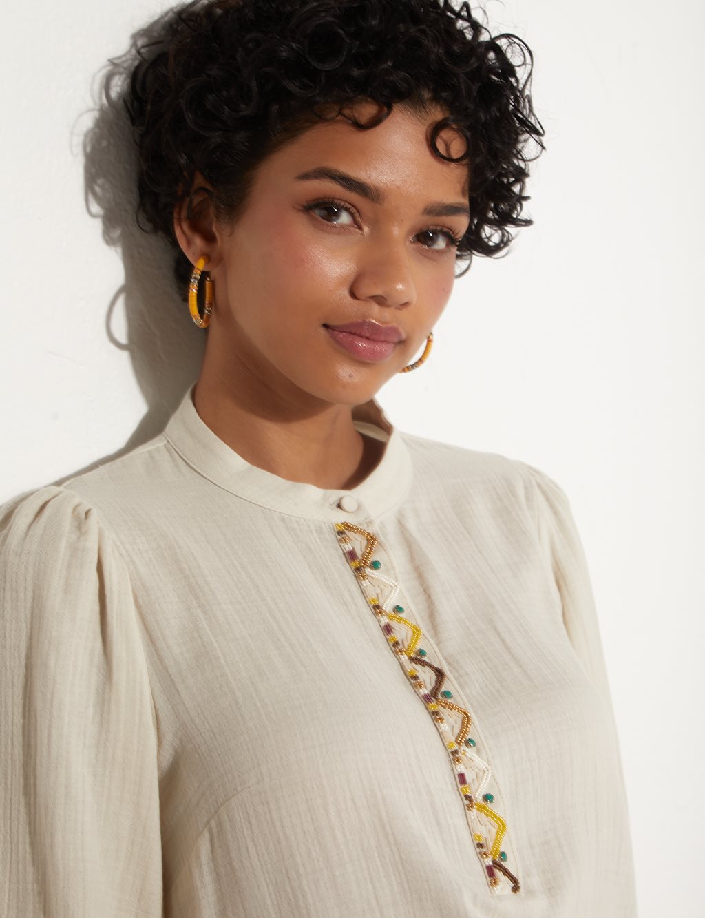 Embroidered Placket Blouse Cream