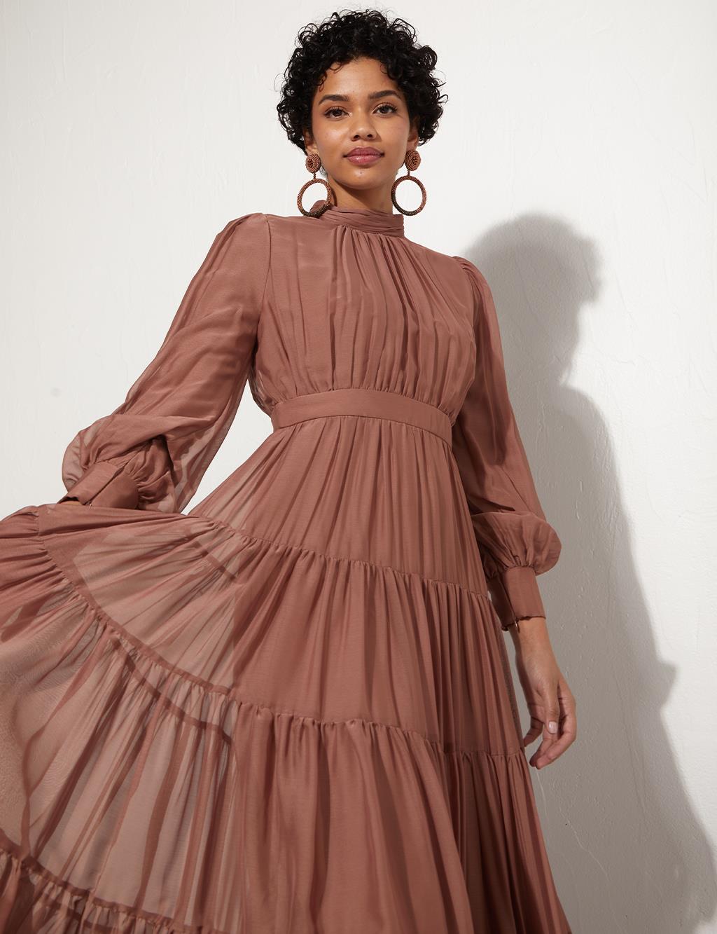 Drapeli Şifon Elbise Bronz