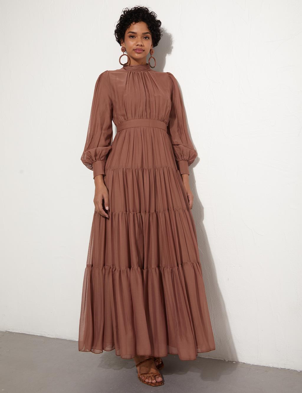 Drapeli Şifon Elbise Bronz