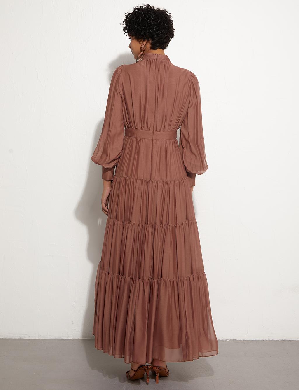 Drapeli Şifon Elbise Bronz