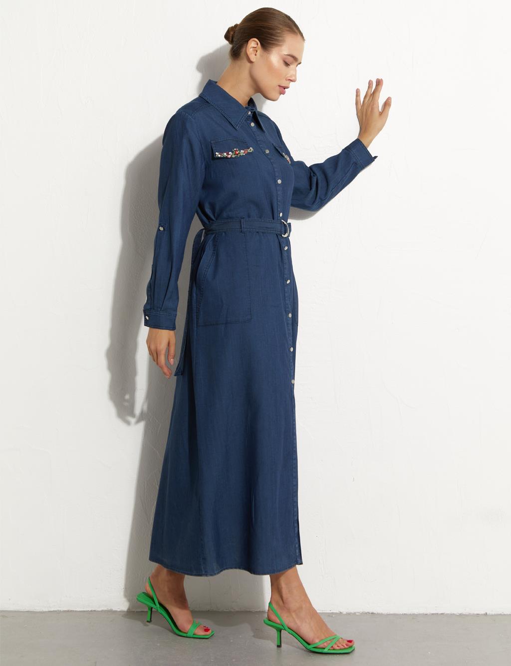 Adjustable Belt Detail Denim Dress Navy Blue