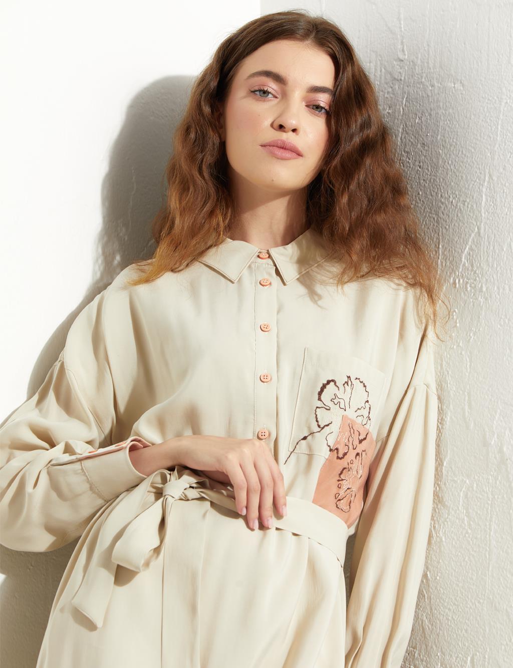 Embroidered Pocket Detailed Dress Cream