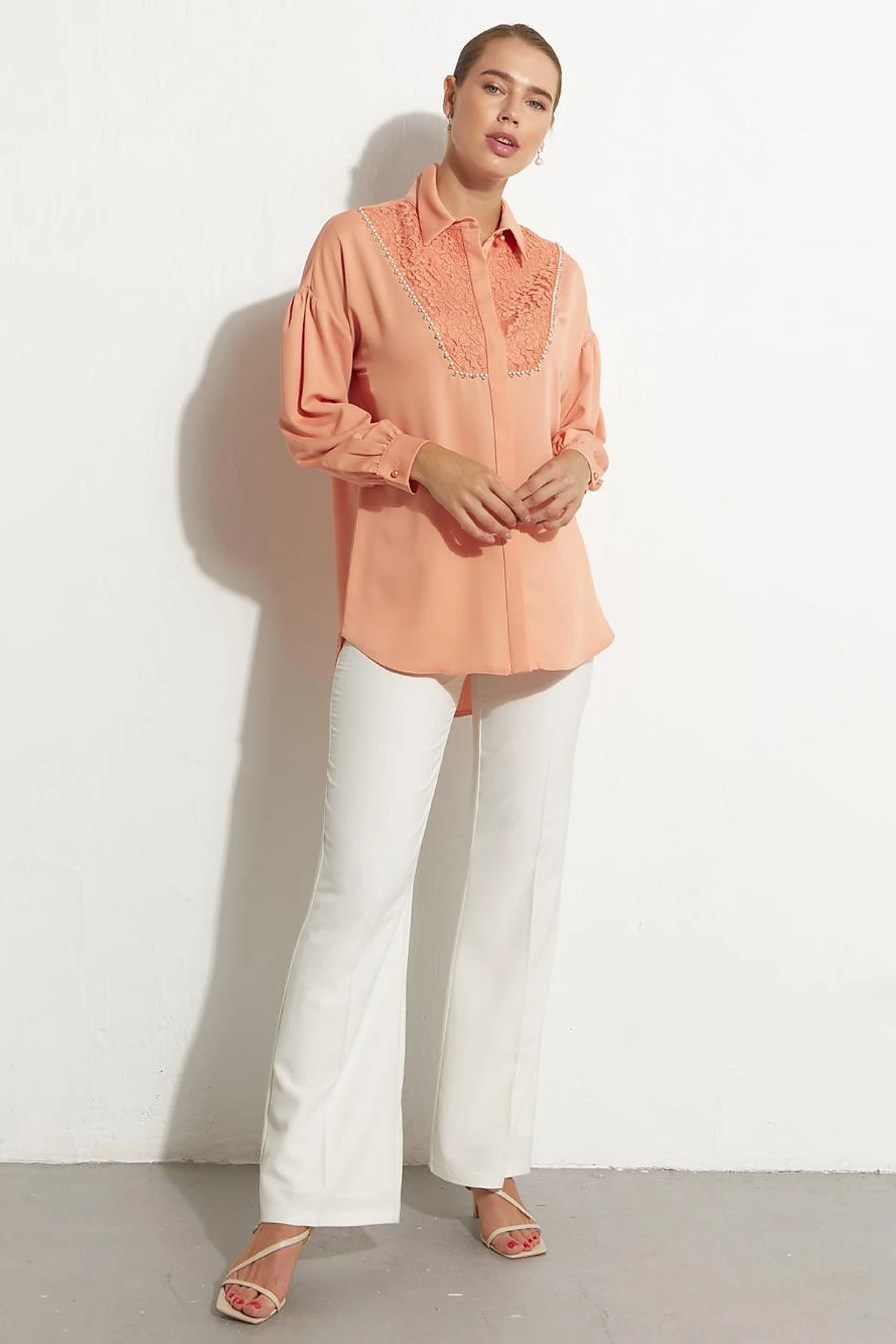 Hidden Placket Lacy Tunic Peach
