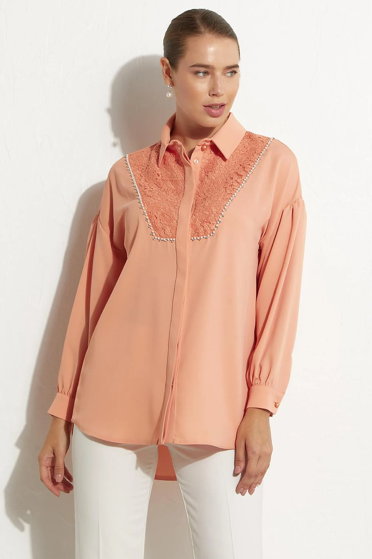 Hidden Placket Lacy Tunic Peach