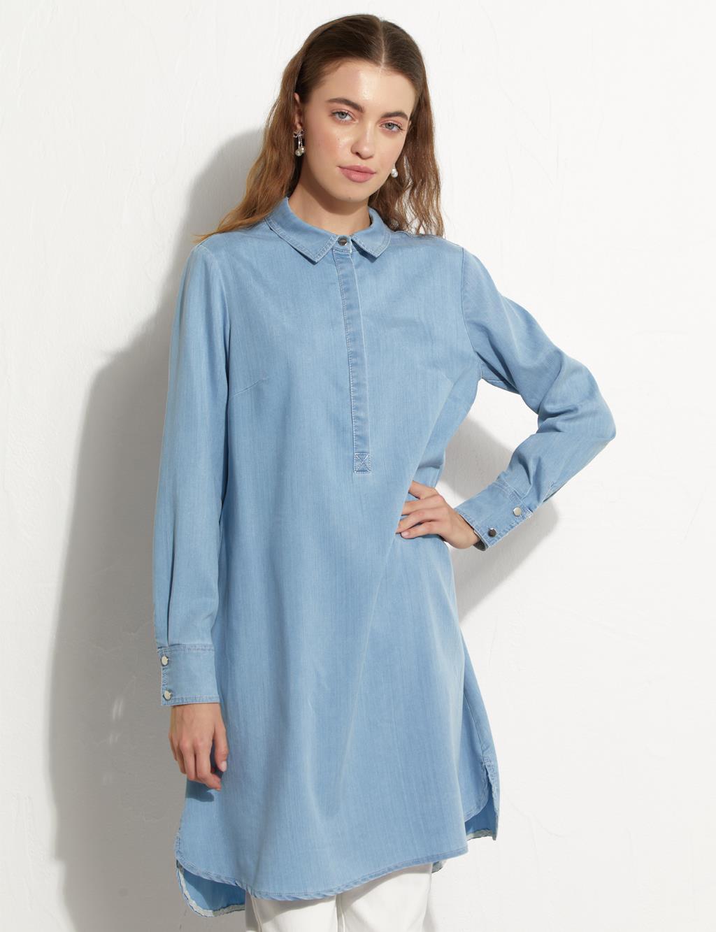 Yarım Patlı Denim Tunik Mavi
