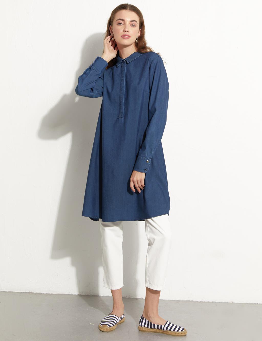 Yarım Patlı Denim Tunik Lacivert