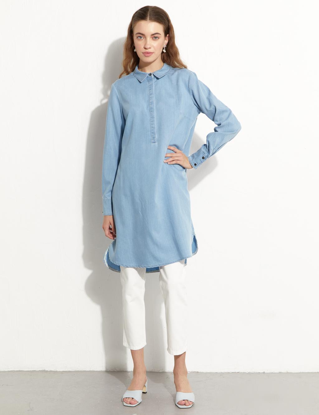 Yarım Patlı Denim Tunik Mavi