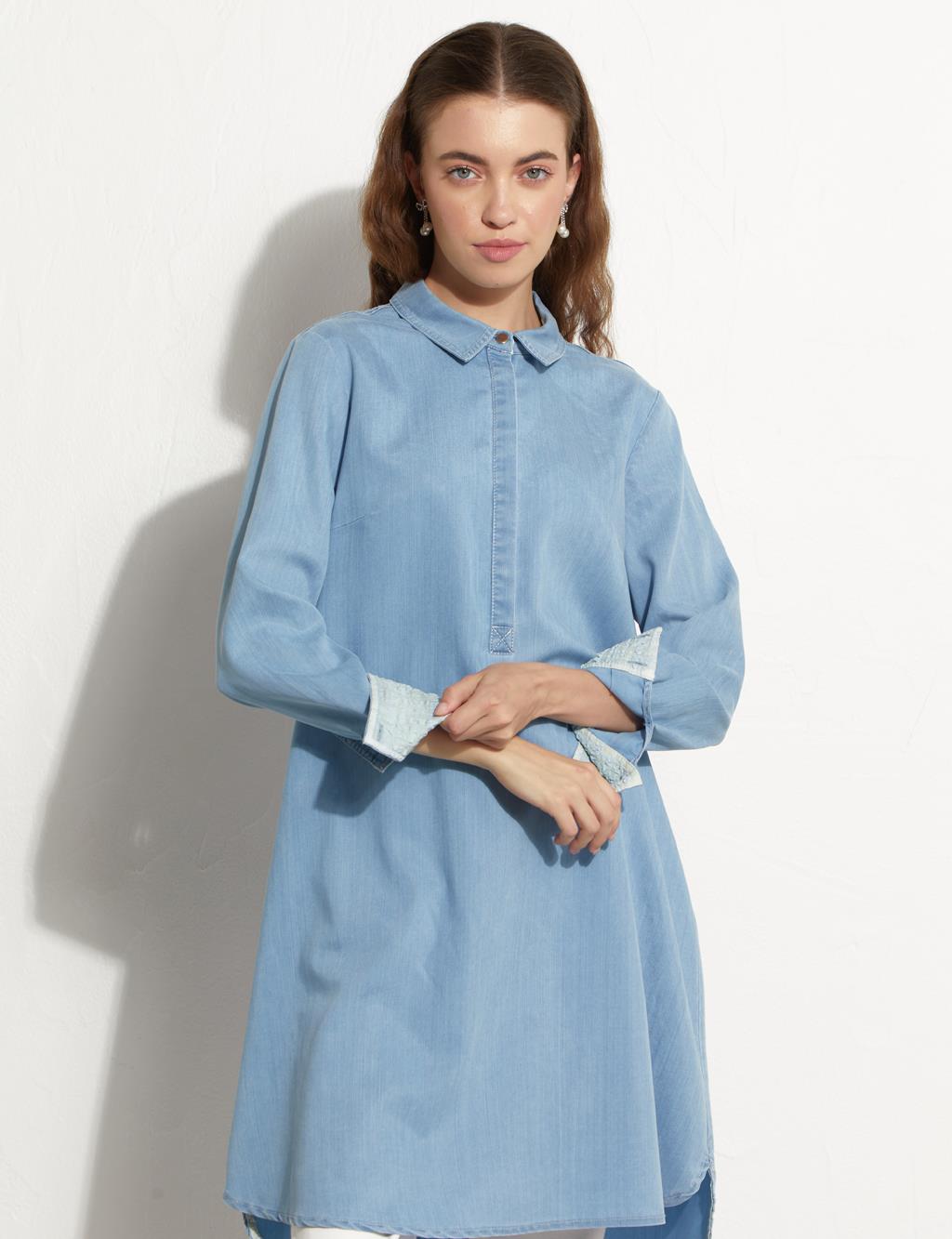 Yarım Patlı Denim Tunik Mavi