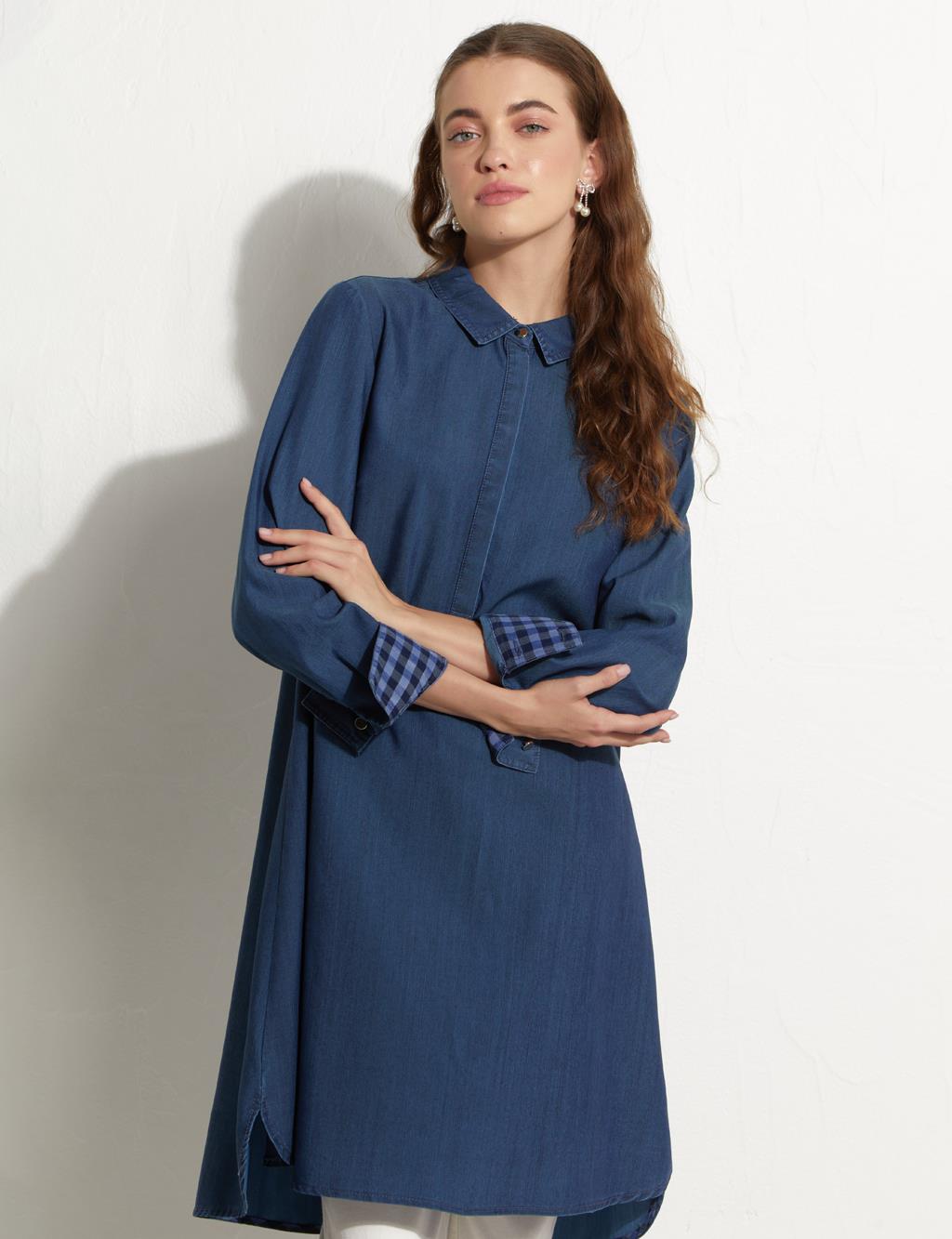 Yarım Patlı Denim Tunik Lacivert
